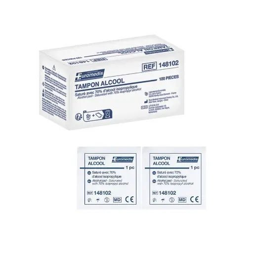 [i_tampon_euromedis_70-ZA090] Lingette Piercing - Euromedis Tampon Alcool 70% - Boîte de 100 lingettes pour la désinfection*