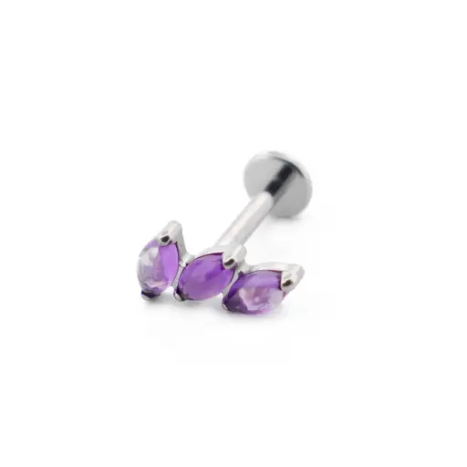 Labret Stérile Titane Interne 18 - Piercing avec pas de vis interne motif Marquise 3 pierres naturelles - 6 pierres différentes 