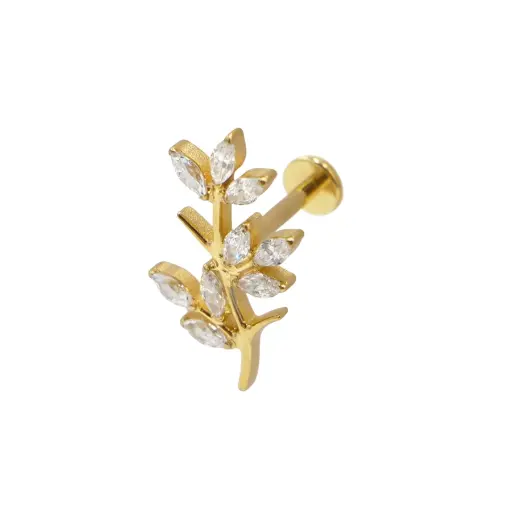 [i_labret_sterile_gold_SUGL0042] Labret Piercing - Labret Stérile Interne Pvd Gold 42 - Piercing avec pas de vis interne motif branche avec feuilles strass