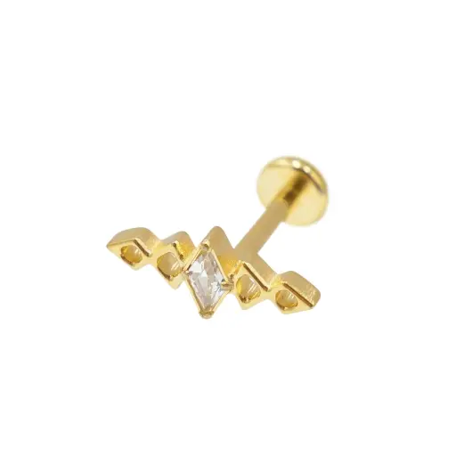 [i_labret_sterile_gold_SUGL0037] Labret Piercing - Labret Stérile Interne Pvd Gold 37 - Piercing avec pas de vis interne motif 5 losanges strass