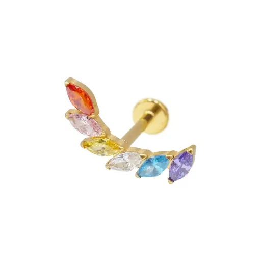 [i_labret_sterile_gold_SUGL0033] Piercing Labret - Titane F136 Gold Stérile - Labret 33 interne en titane pvd gold motif marquise strass multicolore