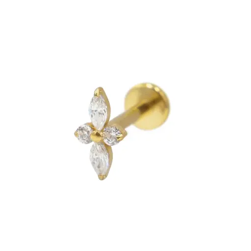 [i_labret_sterile_gold_SUGL0032] Piercing Labret - Titane F136 Gold Stérile - Labret 32 interne en titane pvd gold motif pétales avec strass