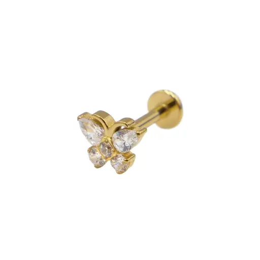 [i_labret_sterile_gold_SUGL0035] Piercing Labret - Titane F136 Gold Stérile - Labret 35 interne en titane pvd gold motif papillon strass