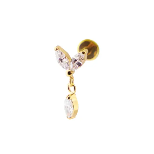 [i_labret_sterile_gold_SUGL0001] Piercing Labret - Titane F136 Gold Stérile - Labret 01 interne en titane pvd gold motif marquise 2 strass et 1 pendentif
