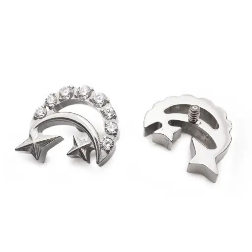 [ns_embout_185-p185_09] Piercing Embout - Titane F136 Gamme Hand Ink - Embout 185 avec pas de vis interne 0,9 mm pour piercing 1,2 mm line avec 2 étoiles et strass 7 mm*