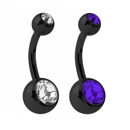 Piercing Banane - Acier Noir - Banane avec pas de vis externe double strass 1,6 x 10 mm*