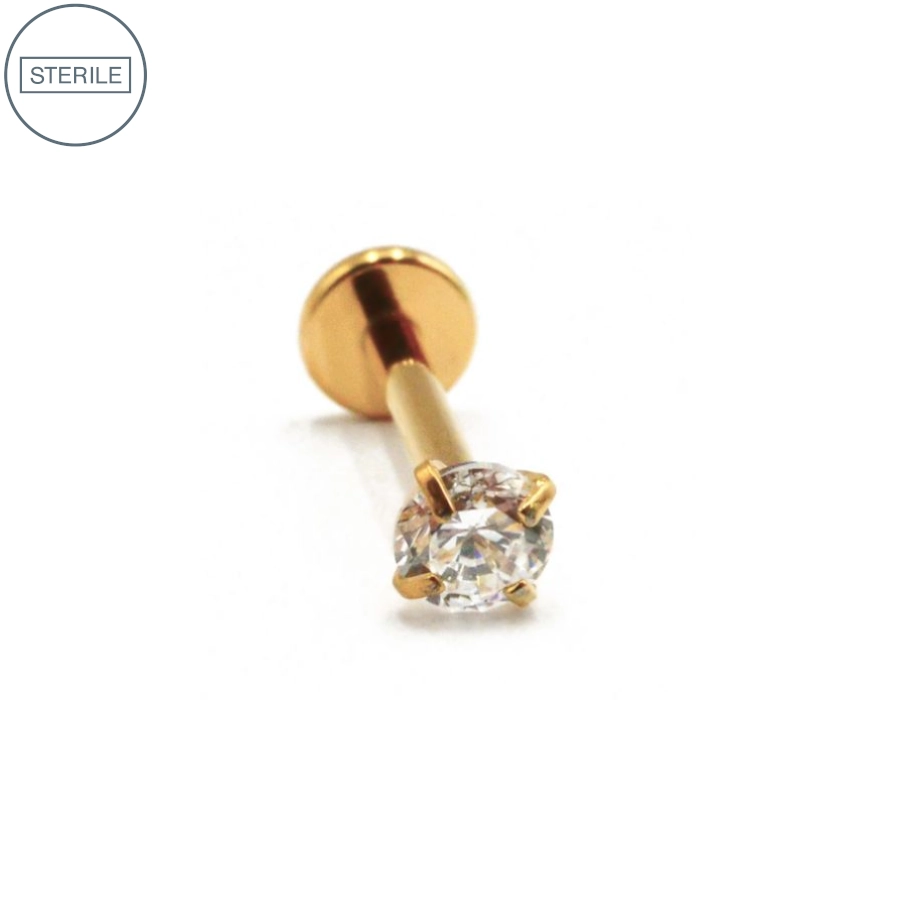 Labret Piercing - Labret Stérile Interne Pvd Gold 35 - Piercing avec pas de vis interne strass griffé rond