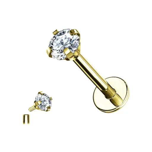 Piercing Labret - Titane F136 Interne Stérile Gold - Labret 09 avec pas de vis interne et strass griffé 1,2 x 8 mm*