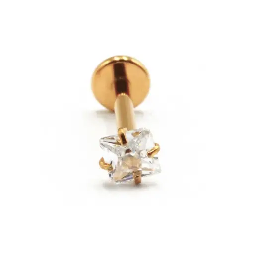 [i_labret_sterile_interne_gold-stvxla21] Labret Piercing - Titane Gold Interne Stérile - Labret 21 avec pas de vis interne 1,2 x 8 mm strass griffé carré*