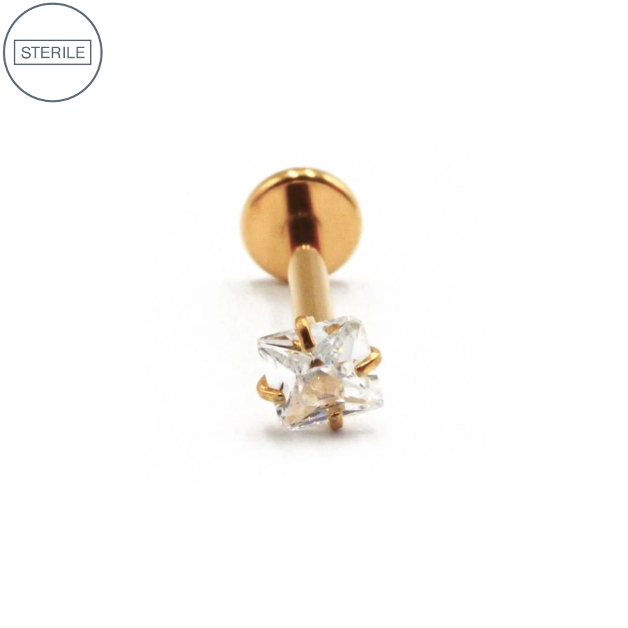 [i_labret_sterile_interne_gold-stvxla21] Labret Stérile Interne Gamme Itc Pvd Gold 34 - Piercing avec pas de vis interne strass griffé carré