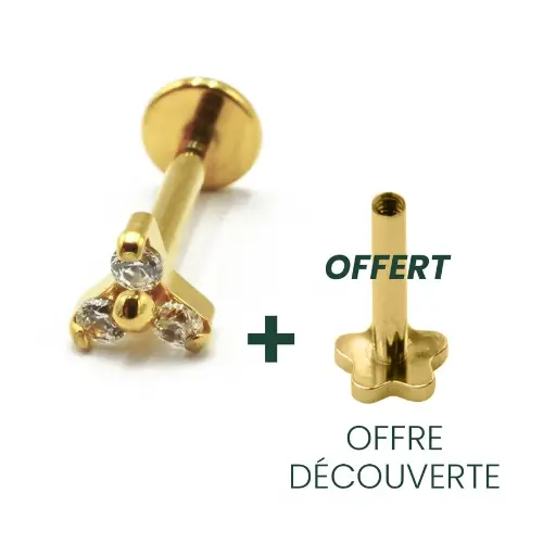 [i_GOLD_labret_interne_sterile-stvxla23] Labret Piercing - Titane F136 Gold Interne Stérile - Labret 23 avec pas de vis interne 1,2 x 8 mm motif trinité strass*