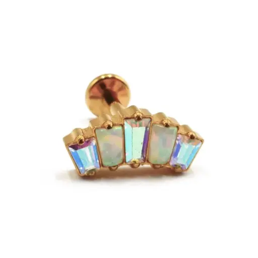 [i_GOLD_labret_sterile-stvxla29] Labret Piercing - Titane F136 Interne Stérile Gold Gamme Itc - Piercing avec pas de vis interne couronne de strass bleu irisé 1,2 x 8 mm*