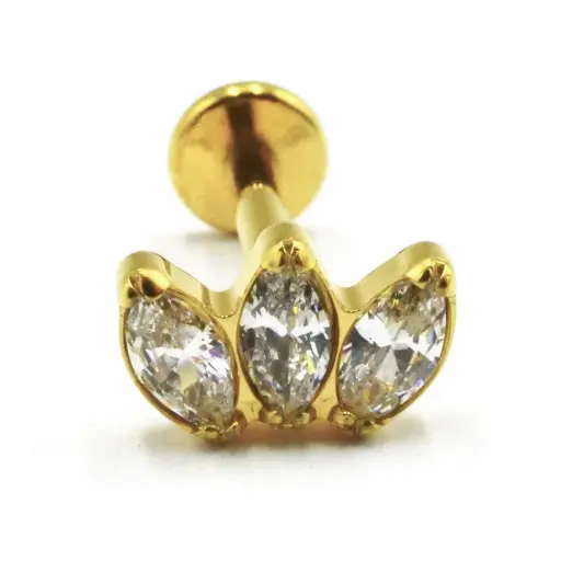 [i_GOLD_labret_inetrne_sterile-STVXLA30] Labret Piercing - Labret F136 Gold Interne Stérile - Labret 30 avec pas de vis interne 1,2 x 8 mm motif marquise 3 strass*