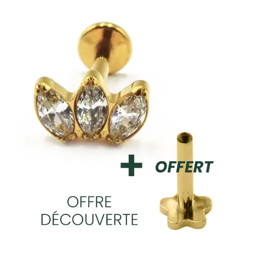 [i_GOLD_labret_inetrne_sterile-STVXLA30] Labret Piercing - Labret F136 Gold Interne Stérile - Labret 30 avec pas de vis interne 1,2 x 8 mm motif marquise 3 strass*