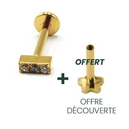 [i_GOLD_labret_interne_sterile-stvxla32] Labret Piercing - Titane F136 Gold Interne Stérile - Labret 32 avec pas de vis interne 1,2 x 8 mm motif barre 3 strass*
