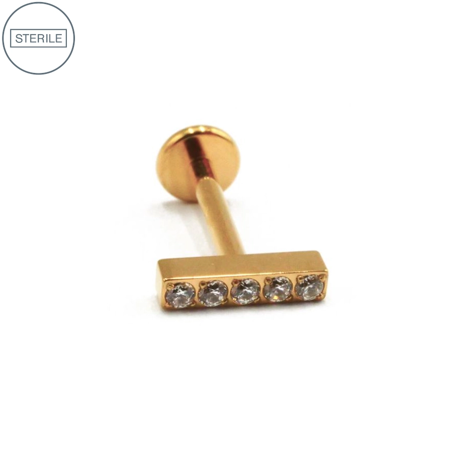 [i_labret_sterile_pvd_gold_33-stvxla33] Labret Stérile Interne Gamme Itc Pvd Gold 23 - Piercing avec pas de vis interne barre 5 strass