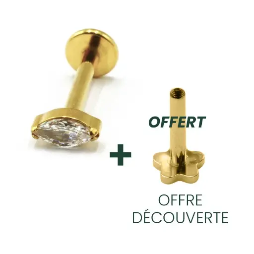 [i_GOLD_labret_interne_sterile-STVXLA41] Labret Piercing - Titane F136 Gold Interne Stérile - Labret 41 avec pas de vis interne 1,2 x 8 mm motif ovale strass blanc*