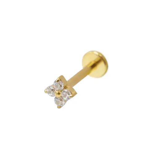 [i_GOLD_labret_sterile-SUGL0038] Piercing Labret - Titane F136 Interne Stérile Gold Gamme Itc - Labret avec pas de vis interne fleur 4 strass 1,2 x 8 mm*