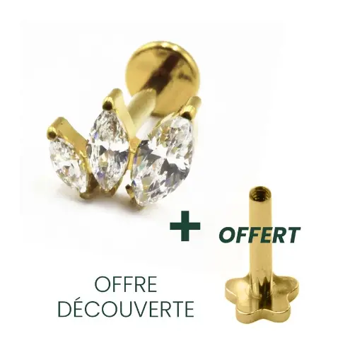 [i_labret_sterile_gold-stvxla55] Labret Piercing - Titane F136 Gold Interne Stérile - Labret 55 avec pas de vis interne 1,2 x 8 mm motif 3 broches avec strass*