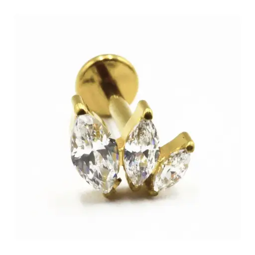[i_labret_sterile_gold-stvxla55] Labret Piercing - Titane F136 Gold Interne Stérile - Labret 55 avec pas de vis interne 1,2 x 8 mm motif 3 broches avec strass*