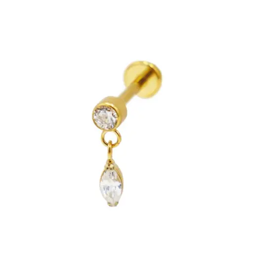 [i_labret_sterile_gold-stvxla56] Labret Piercing - Titane F136 Gold Interne Stérile - Labret 56 avec pas de vis interne 1,2 x 8 mm motif pendentif ovale avec strass*