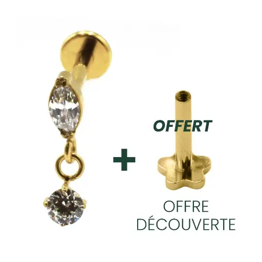 [i_labret_sterile_pvd_gold_57-stvxla57] Labret Piercing - Labret F136 Gold Interne Stérile - Labret 57 avec pas de vis interne 1,2 x 8 mm motif pendentif rond avec strass*