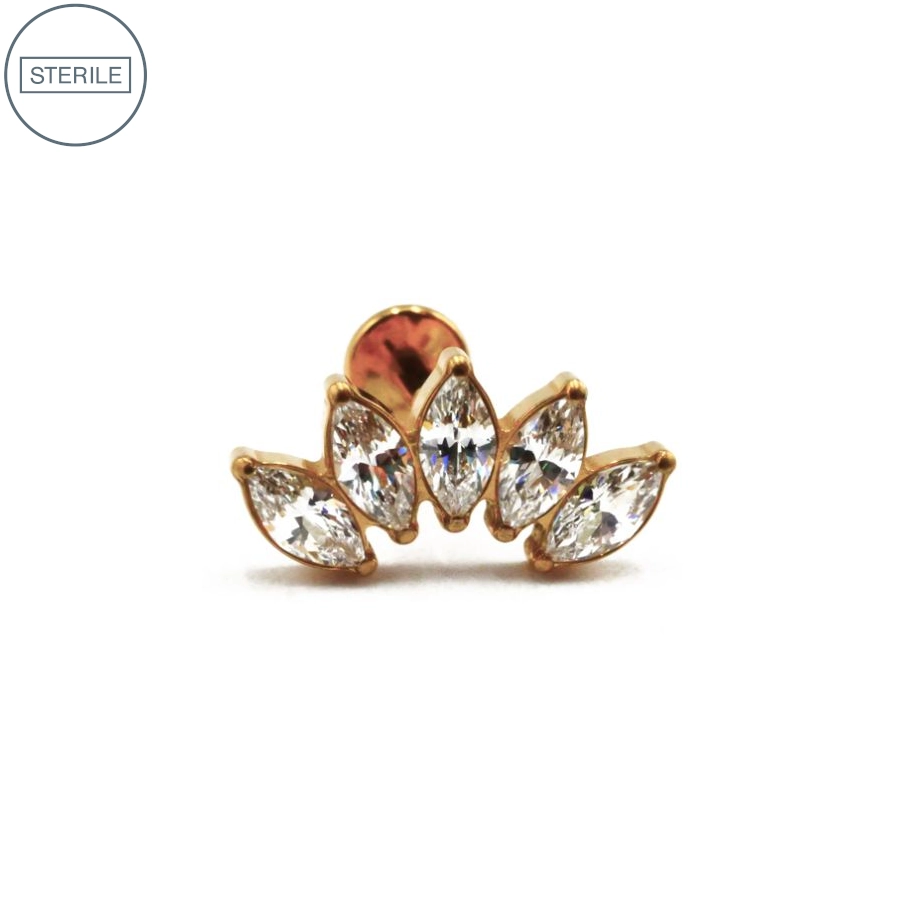 [labret_sterile_pvd_gold_marquise_5_strass-stvxla62] Labret Piercing - Labret Stérile Interne Pvd Gold 62 - Piercing avec pas de vis interne marquise 5 Strass