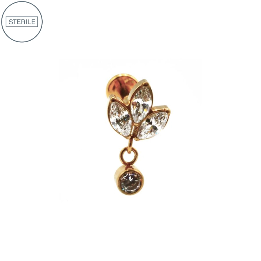 [i_labret_sterile_pvd_gold_63-stvxla63] Labret Piercing - Labret Stérile Interne Pvd Gold 63 - Piercing avec pas de vis interne strass 3 gouttes