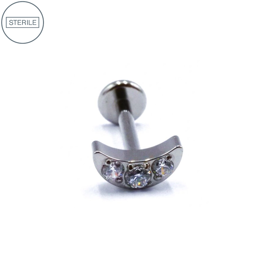 [i_labret_lune_strass-stxla31] Labret Stérile Titane Interne 40 - Piercing avec pas de vis interne lune 3 strass