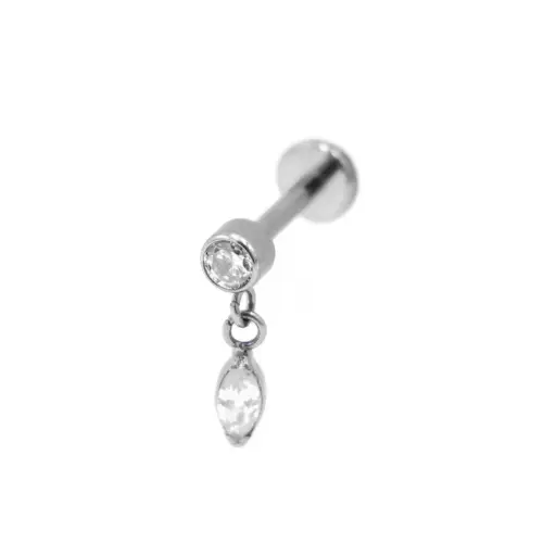 [i_labret_sterile-stxla56] Labret Stérile Titane Interne 30 - Piercing avec pas de vis interne pendentif 2 strass ovale blanc