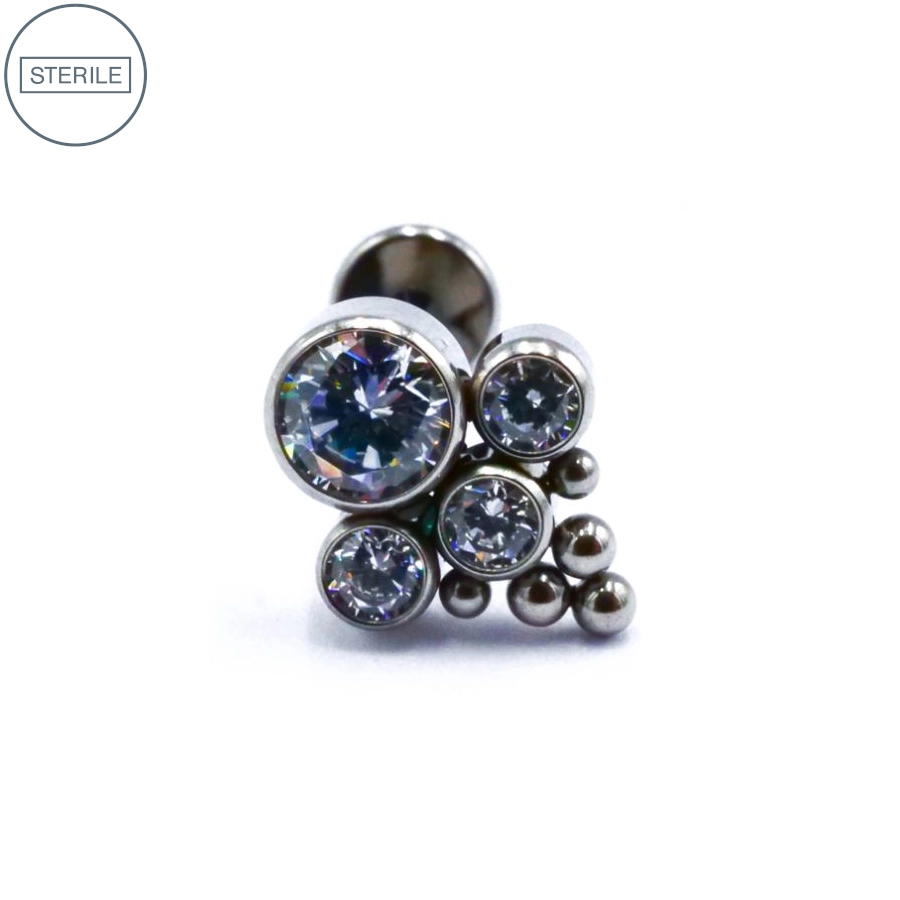 [i_labret_micro_ball_3_strass_blanc-stxla68] Labret Stérile Titane Interne 19 - Piercing avec pas de vis interne 4 strass rond avec 5 perles