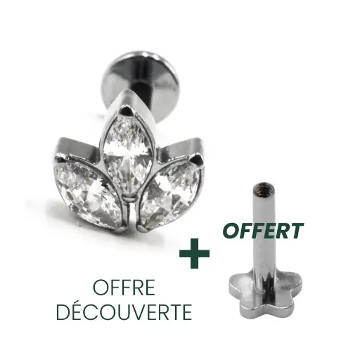 [i_labret_ marquise_3_strass_blanc-STXLA69] Piercing Labret -Titane F136 Interne Stérile - Labret 69 avec pas de vis interne 1,2 x 8 mm motif marquise 3 strass*