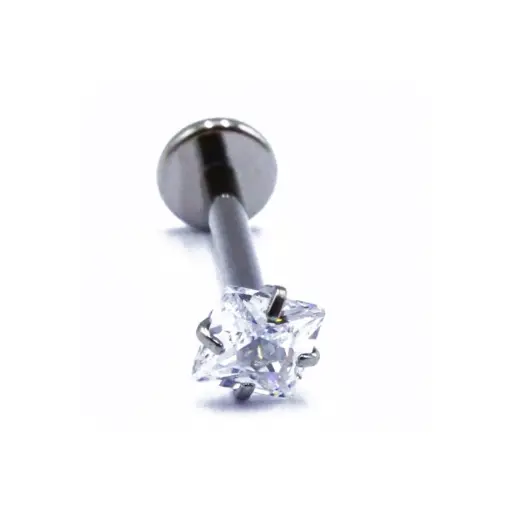 [i_labret_interne_sterile-stxla21] Labret Piercing - Titane Interne Stérile - Labret 21 avec pas de vis interne 1,2 x 8 mm motif strass griffé carré*