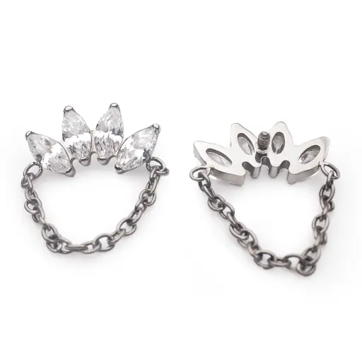[ns_embout_283-p283_09] Embout Piercing - Titane F136 Gamme Hand Ink - Embout 283 en titane f136 avec pas de vis interne 0,9 mm pour piercing 1,2 mm marquise 4 strass et chaîne 11 mm*