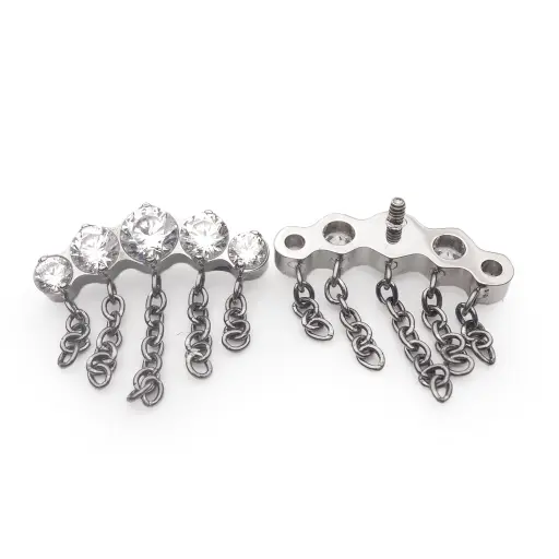 [ns_embout304-p304_09] Piercing Embout - Titane F136 Gamme Hand Ink - Embout 304 avec pas de vis interne 0,9 mm pour piercing 1,2 mm courbe 5 strass et chaînes 12 mm*