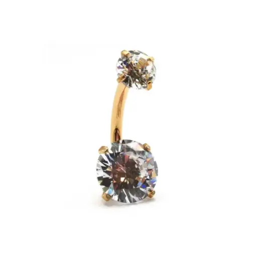 [i_GOLD_banane_nombril_1.6x10mm-STVXB171.6X10X5] Piercing Banane Sterile - Banane Gold Interne - Piercing en titane pvd gold pas de vis interne avec 2 strass sertis griffés